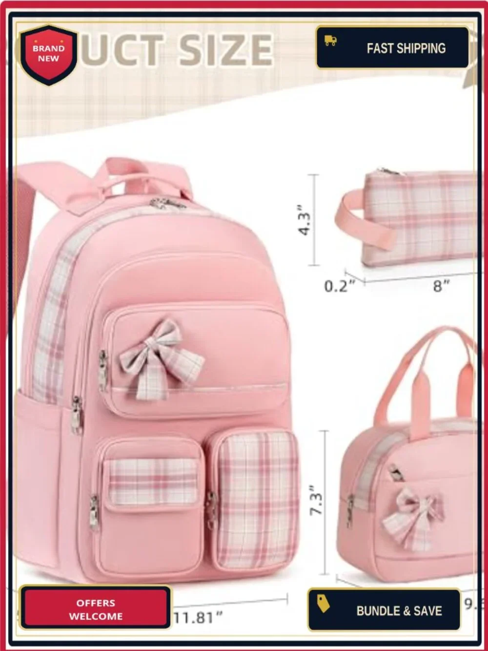 Girls Backpack Set with Lunch Box Pencil Case 15.6